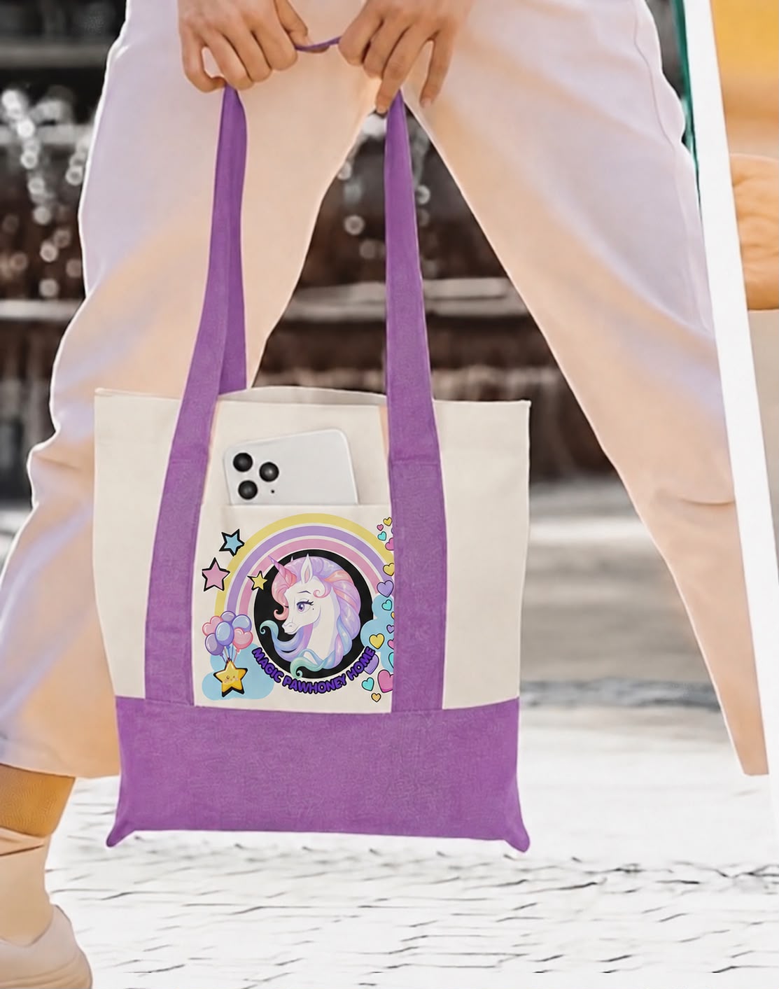 Purple tote bag with exclusive unicorn design by PawHoney Home