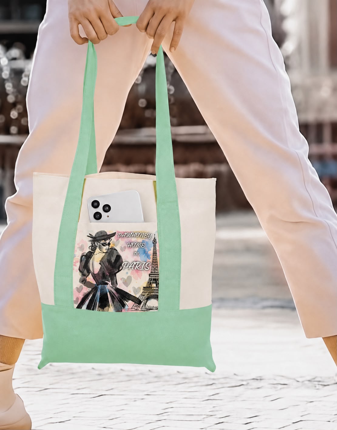 Green tote bag with exclusive paris design by PawHoney Home