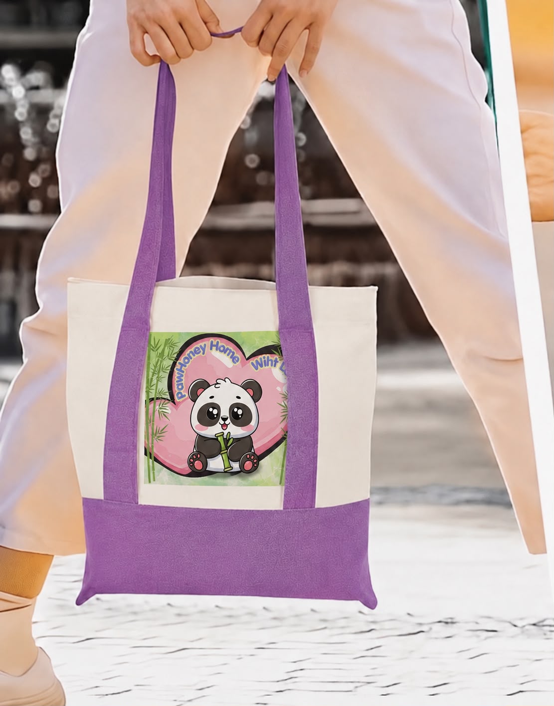 Purple tote bag with exclusive panda design by PawHoney Home