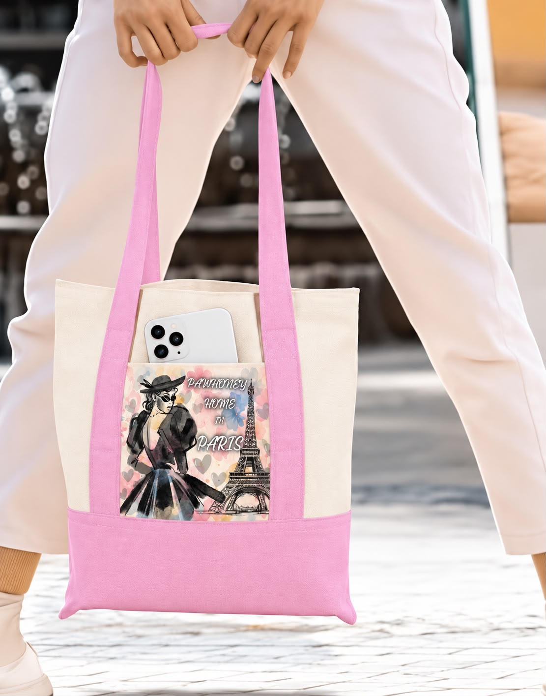 Pink tote bag with exclusive paris design by PawHoney Home