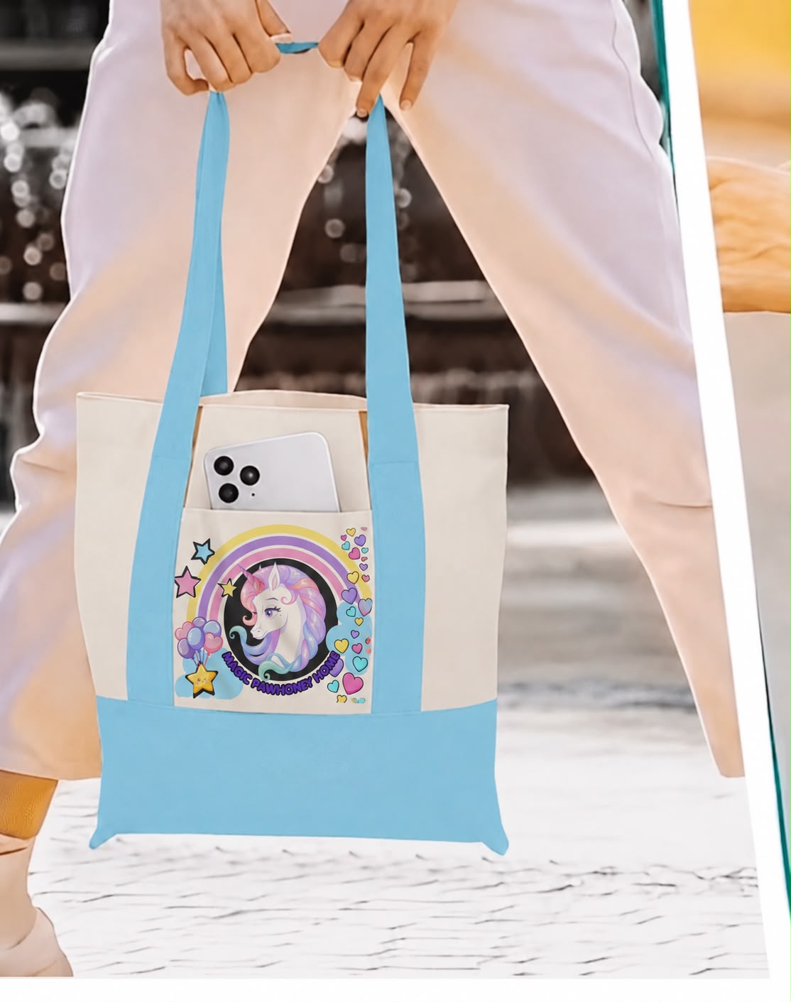 Blue tote bag with exclusive unicorn design by PawHoney Home