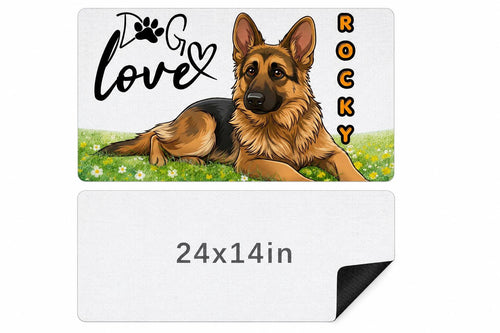 Personalized pet feeding mat with German Shepherd photo and name, 24 x 14 inches