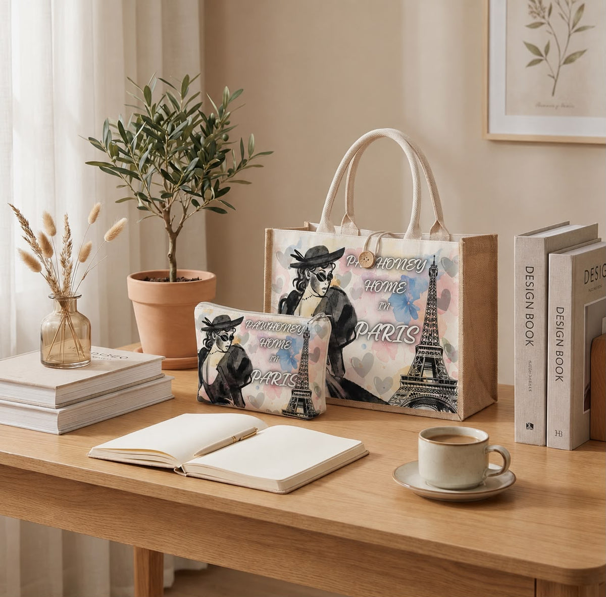 Paris tote bag and matching pouch with exclusive colorful design by PawHoney Home