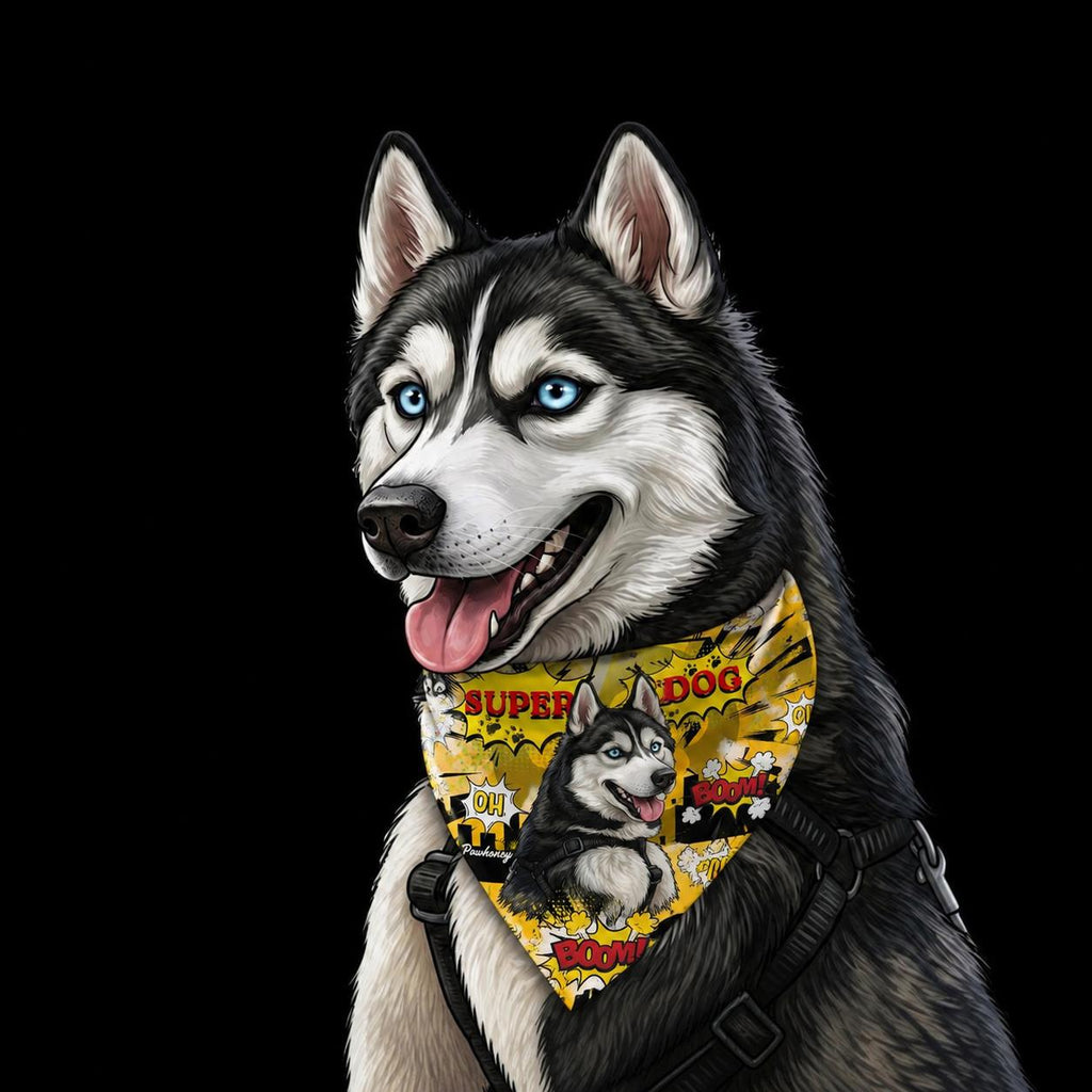 Husky wearing custom personalized pet photo bandana