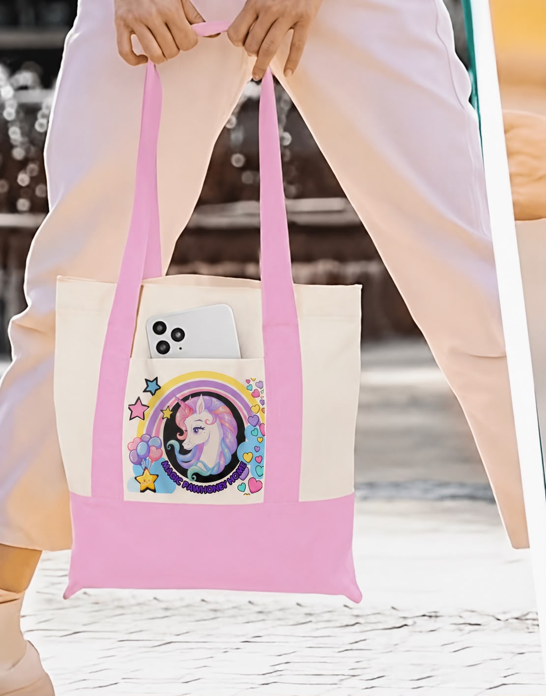 Pink tote bag with exclusive unicorn design by PawHoney Home