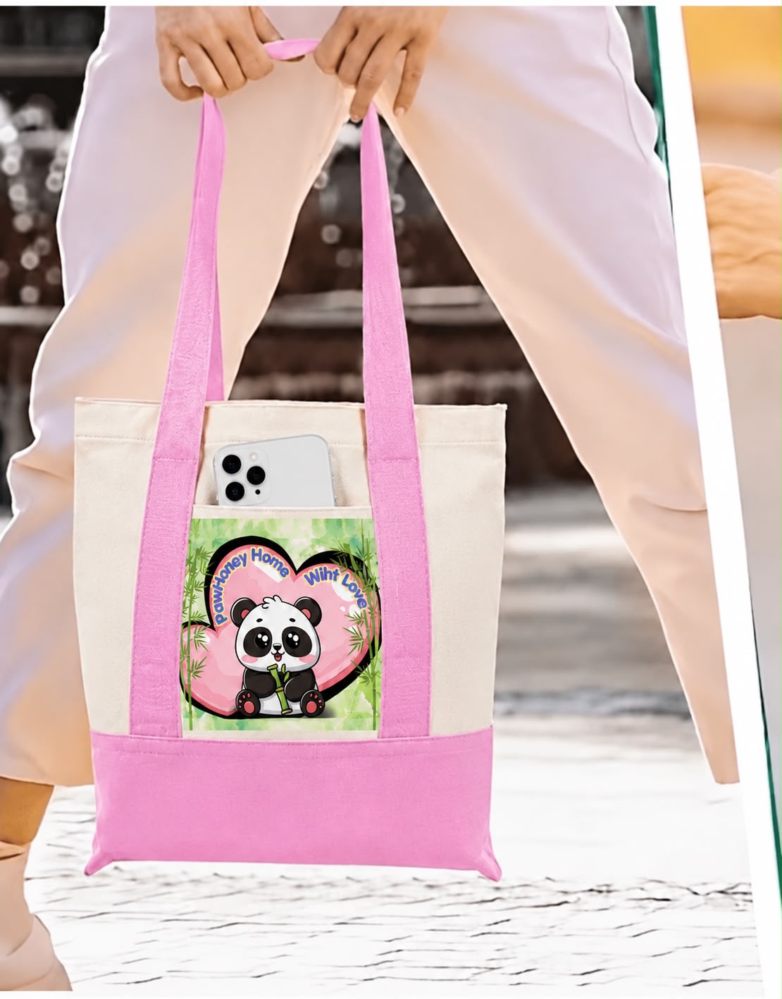 Pink tote bag with exclusive panda design by PawHoney Home