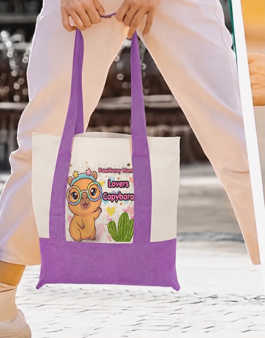 Purple tote bag with exclusive capybara design by PawHoney Home