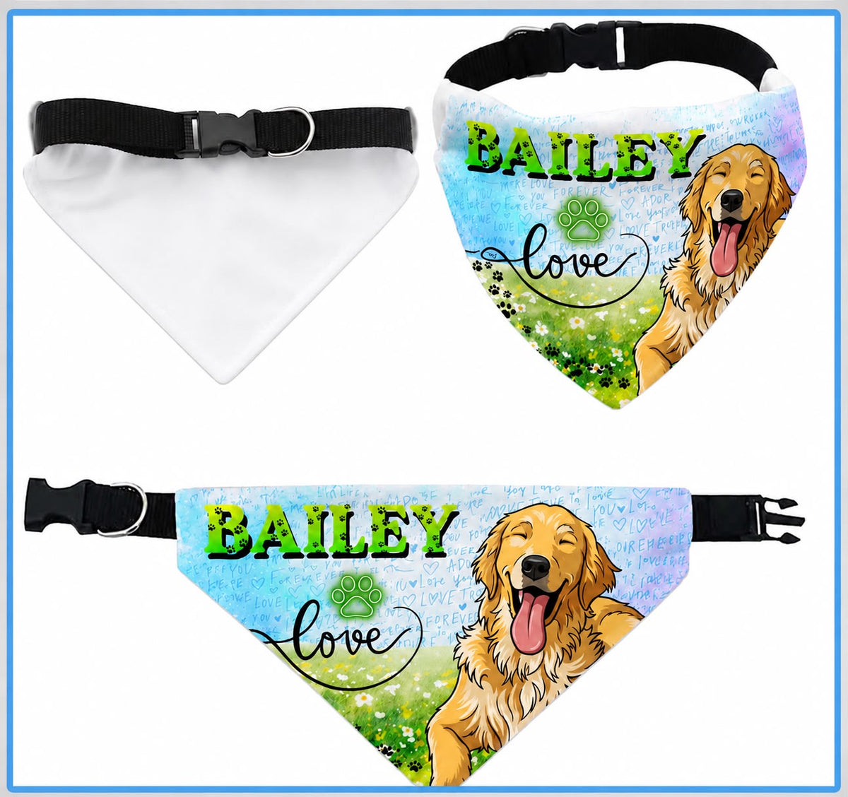 Personalized dog bandana with custom pet photo and name Bailey
