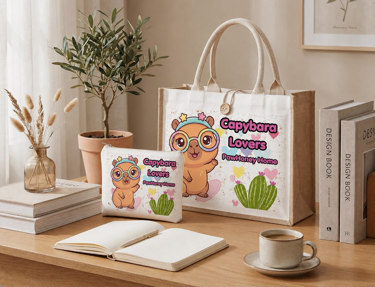 Caphibara tote bag and matching pouch with exclusive colorful design by PawHoney Home