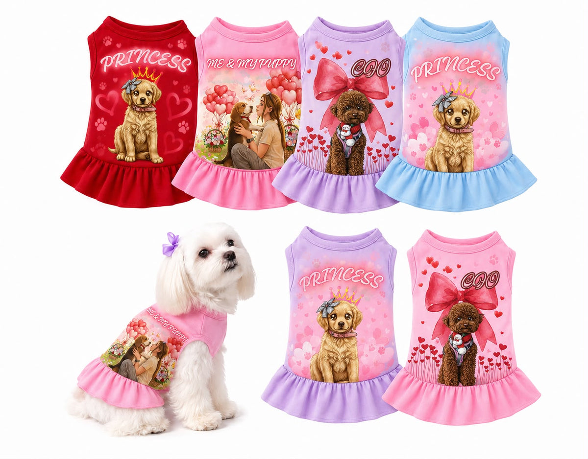     Personalized dog dresses with custom pet photo designs in multiple colors