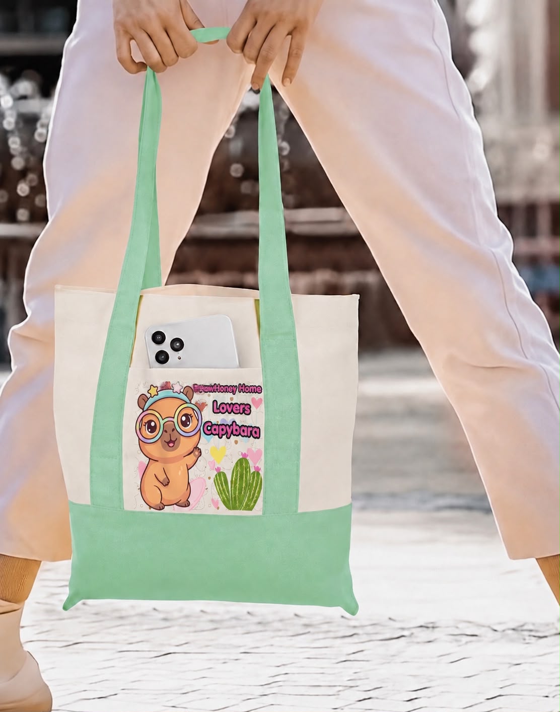 Green tote bag with exclusive capybara design by PawHoney Home