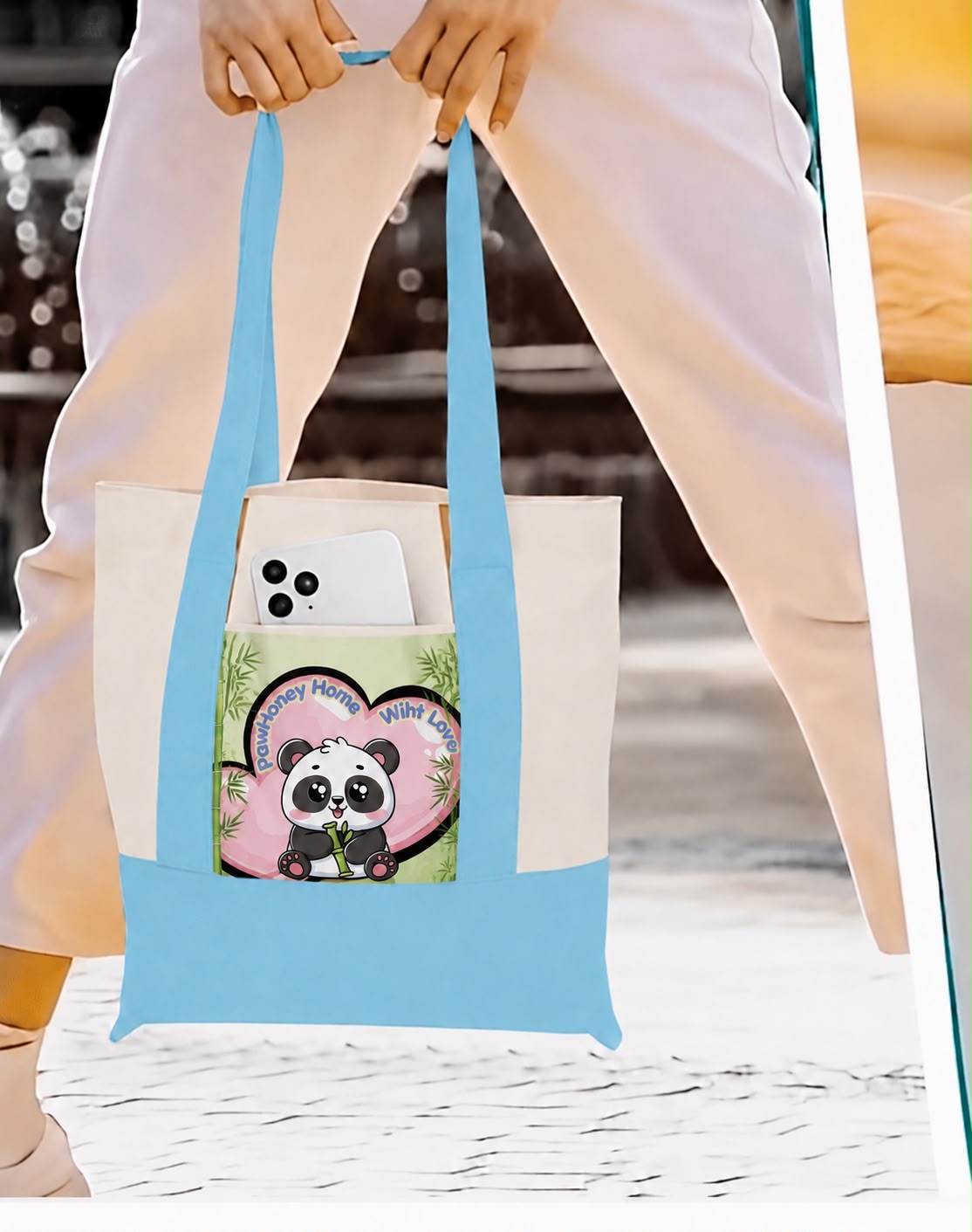 Blue tote bag with exclusive panda design by PawHoney Home