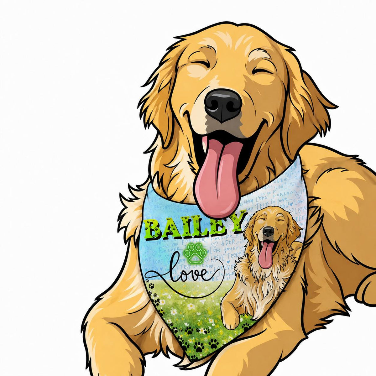 Golden Retriever wearing personalized dog bandana with custom photo and name