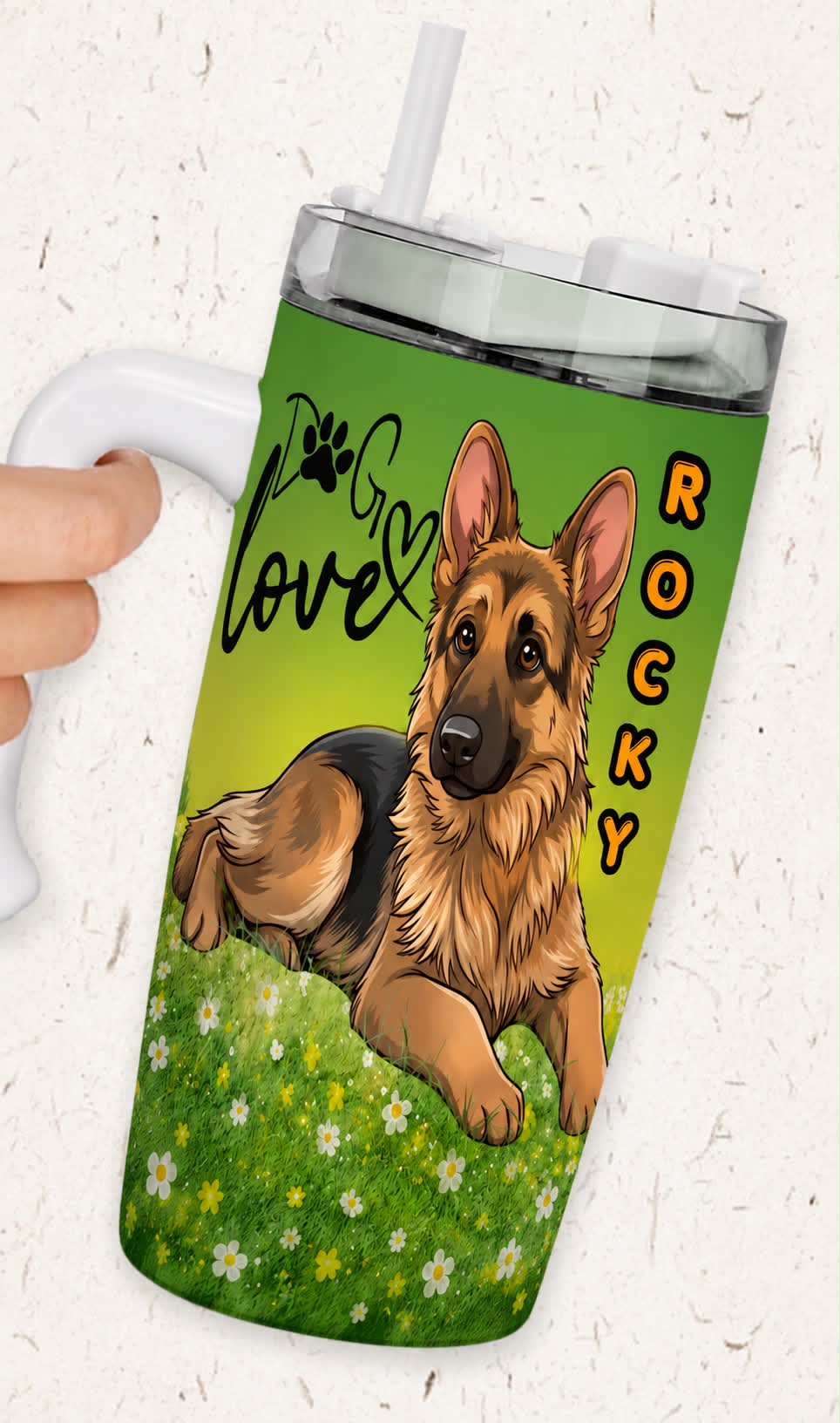     Personalized pet photo tumbler with German Shepherd and custom name Rocky